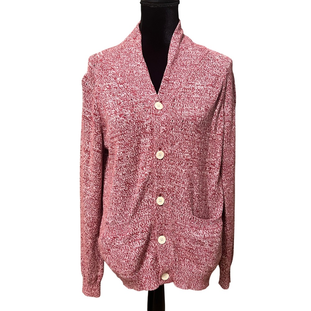Haspel Red White Marl Knit Shawl Collar Button Front Cardigan Sweater Womens L